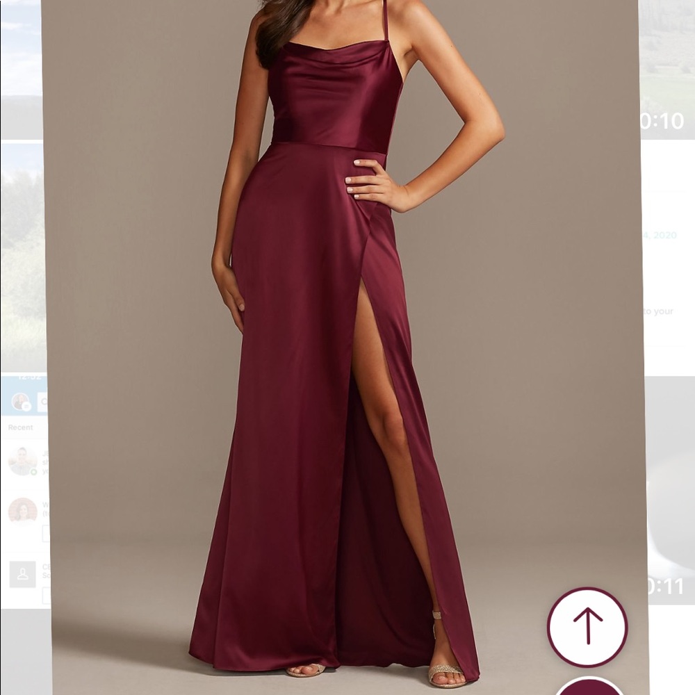 Shiny Charmeuse Cowl Neck Slip Dress with Slit